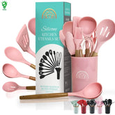 12 Pcs Silicone Cooking Utensils Kitchen Utensil Set - Heat Resistant Non-Toxic BPA Free Spatula Set with Turner Tongs,Spoon,Brush,Whisk-Wooden Handles Kitchen Gadgets Tools Set for Nonstick Cookware Spoon Set Silicon