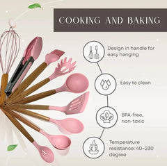 12 Pcs Silicone Cooking Utensils Kitchen Utensil Set - Heat Resistant Non-Toxic BPA Free Spatula Set with Turner Tongs,Spoon,Brush,Whisk-Wooden Handles Kitchen Gadgets Tools Set for Nonstick Cookware Spoon Set Silicon