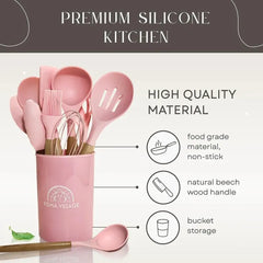 12 Pcs Silicone Cooking Utensils Kitchen Utensil Set - Heat Resistant Non-Toxic BPA Free Spatula Set with Turner Tongs,Spoon,Brush,Whisk-Wooden Handles Kitchen Gadgets Tools Set for Nonstick Cookware Spoon Set Silicon