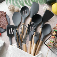 12 Pcs Silicone Cooking Utensils Kitchen Utensil Set - Heat Resistant Non-Toxic BPA Free Spatula Set with Turner Tongs,Spoon,Brush,Whisk-Wooden Handles Kitchen Gadgets Tools Set for Nonstick Cookware Spoon Set Silicon